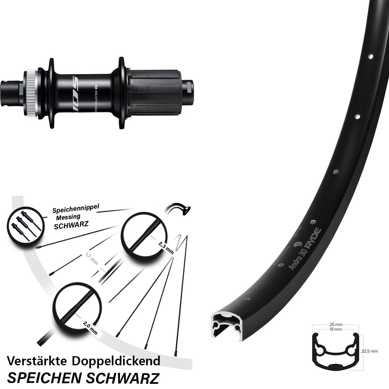 28 Zoll Ryde Andra 30 Disc Shimano 105 FH-R7070 Hinterrad 12x142 8-12 fach HG