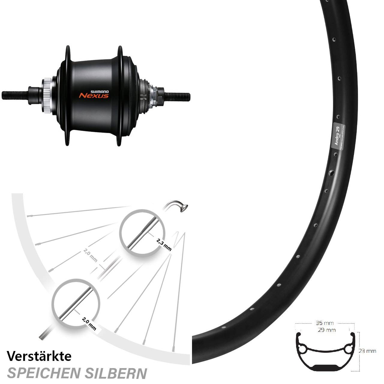28 Zoll Ryde Andra 29 Hinterrad Shimano SGC3001-7D Nexus 7-Gang Centerlock