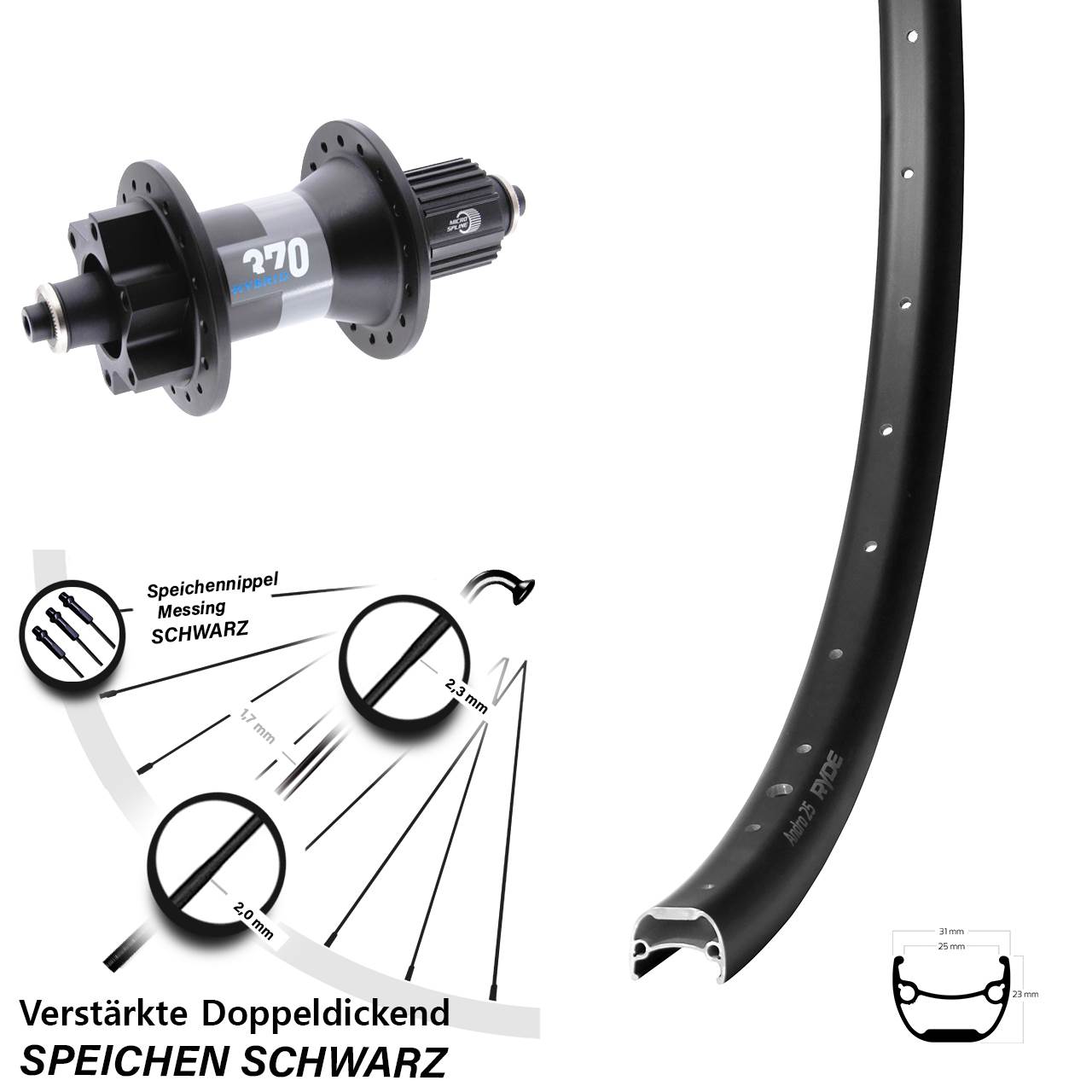 28 Zoll Ryde Andra 25 DT Swiss 370 Hybrid Boost Hinterrad 6-Loch QR Shimano Micro Spline