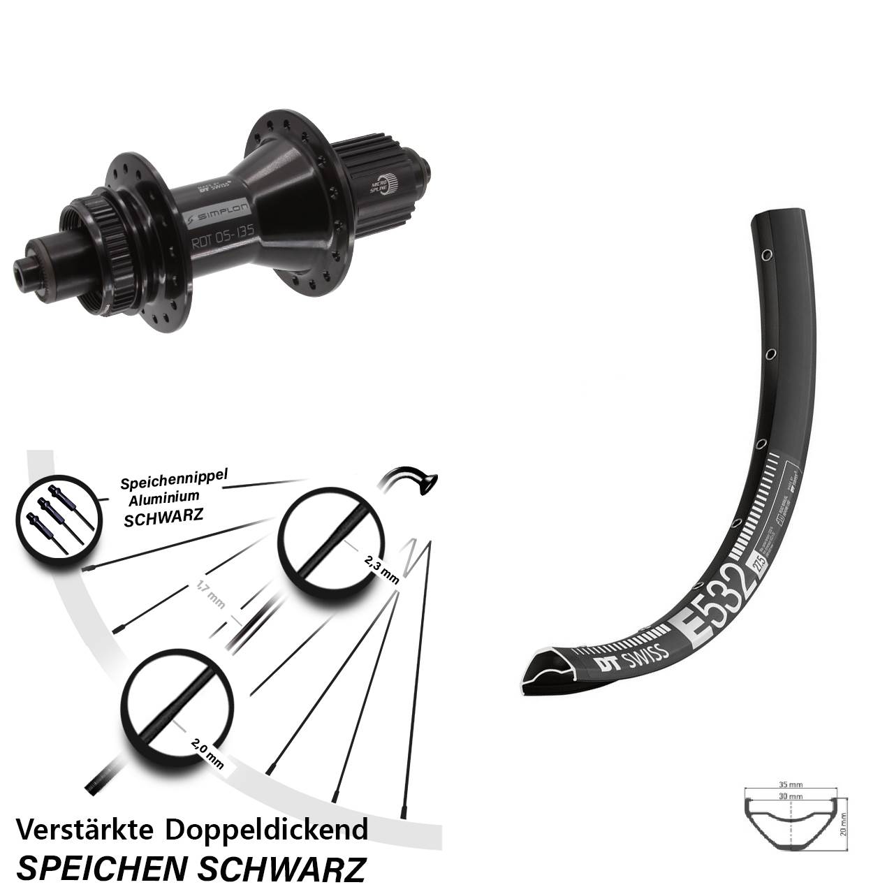 DT Swiss E532-370 Hybrid 29 Zoll Disc Hinterrad für Schnellspanner Micro Spline