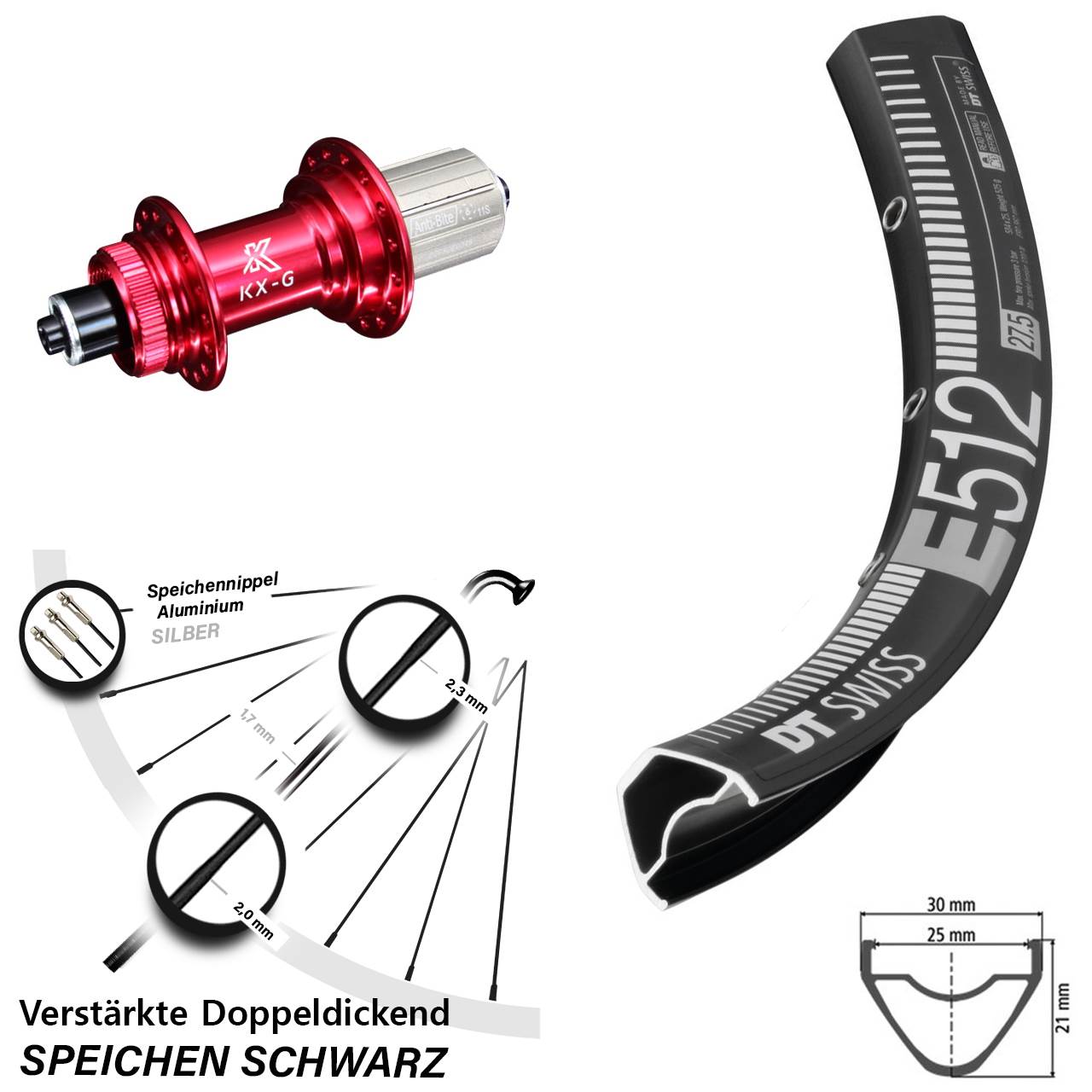 Hinterrad Centerlock 27,5 Zoll DT Swiss E512 KX-G rot 8-12 fach QR