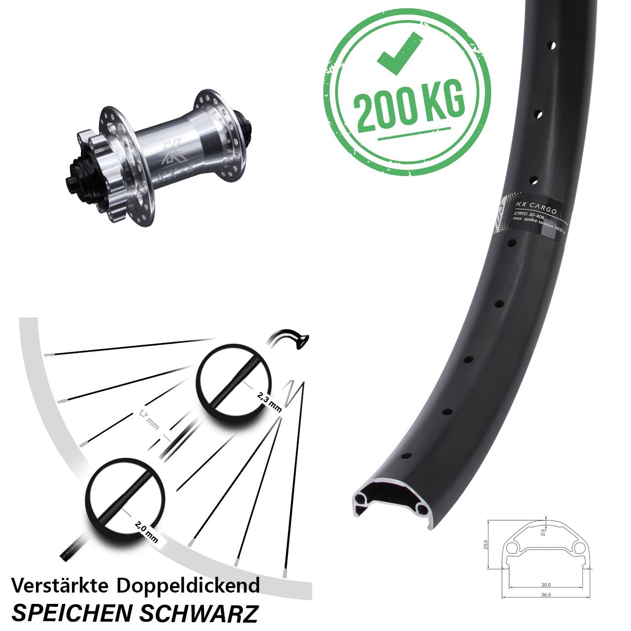 KX-E Cargo Vorderrad 26 Zoll Lastenrad Heavy Duty 6-Loch breit Schnellspanner