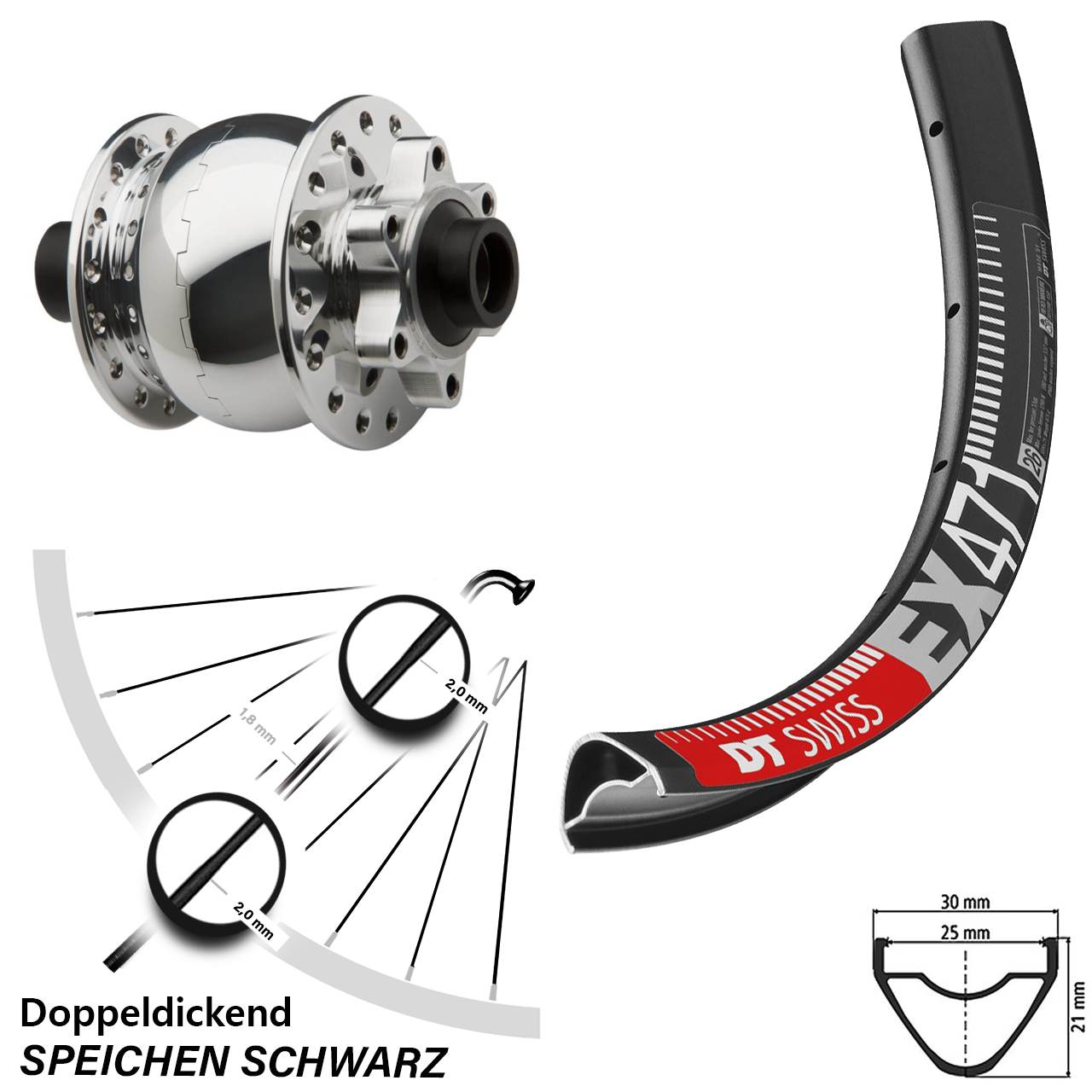 Disc Vorderrad mit Nabendynamo 26 Zoll DT Swiss EX471 SON 28 poliert 15x100
