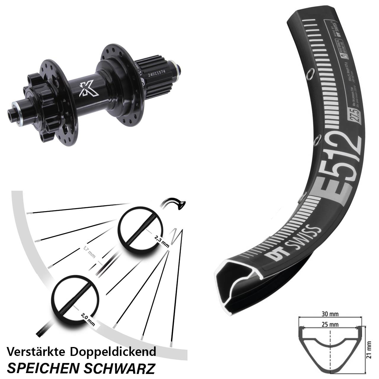 6-Loch Hinterrad QR 650B DT Swiss E512 KX-M Shimano Micro Spline