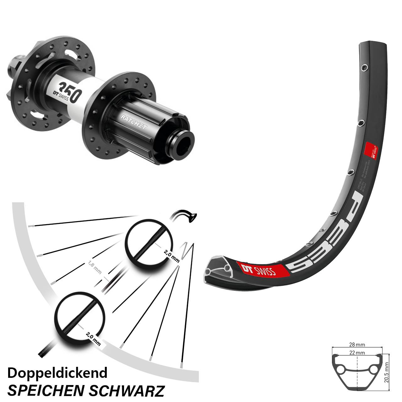 6-Loch Hinterrad 26 Zoll DT Swiss 533 D-350 8-11 fach HG 12x142