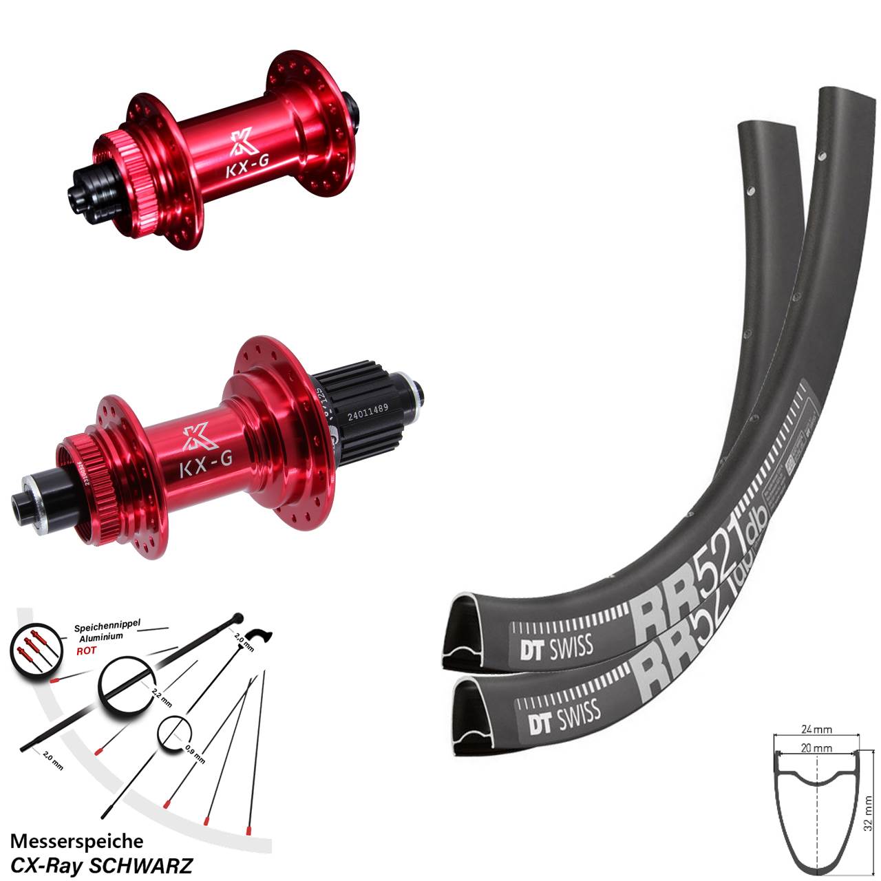 Disc Laufrad-Satz 28 Zoll DT Swiss RR 521 KX-G rot Micro Spline für Schnellspanner CX-Ray