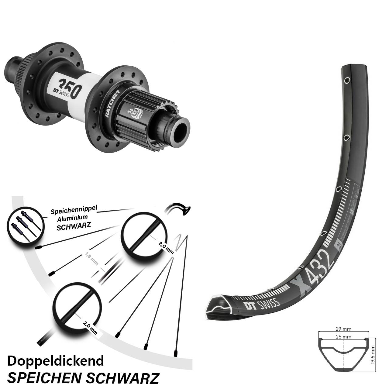 29 Zoll Hinterrad x 432 DT Swiss 350 Micro Spline Centerlock MTB Boost Cross Country