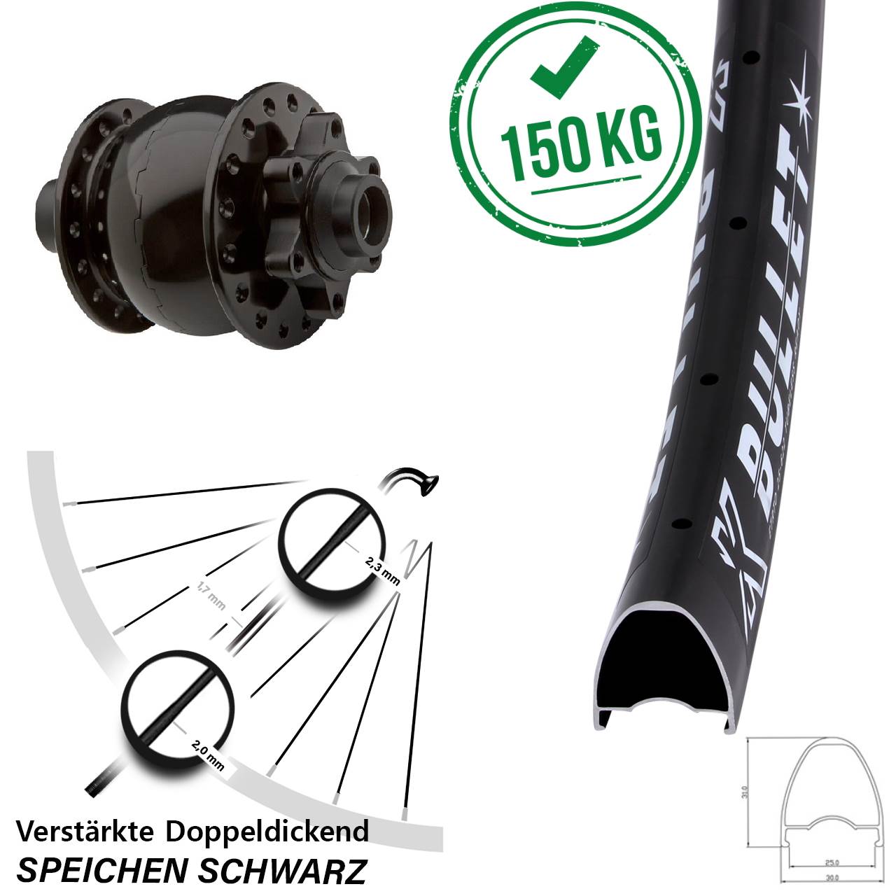Nabendynamovorderrad 6-Loch 29 Zoll KX Bullet SON 28 15x100