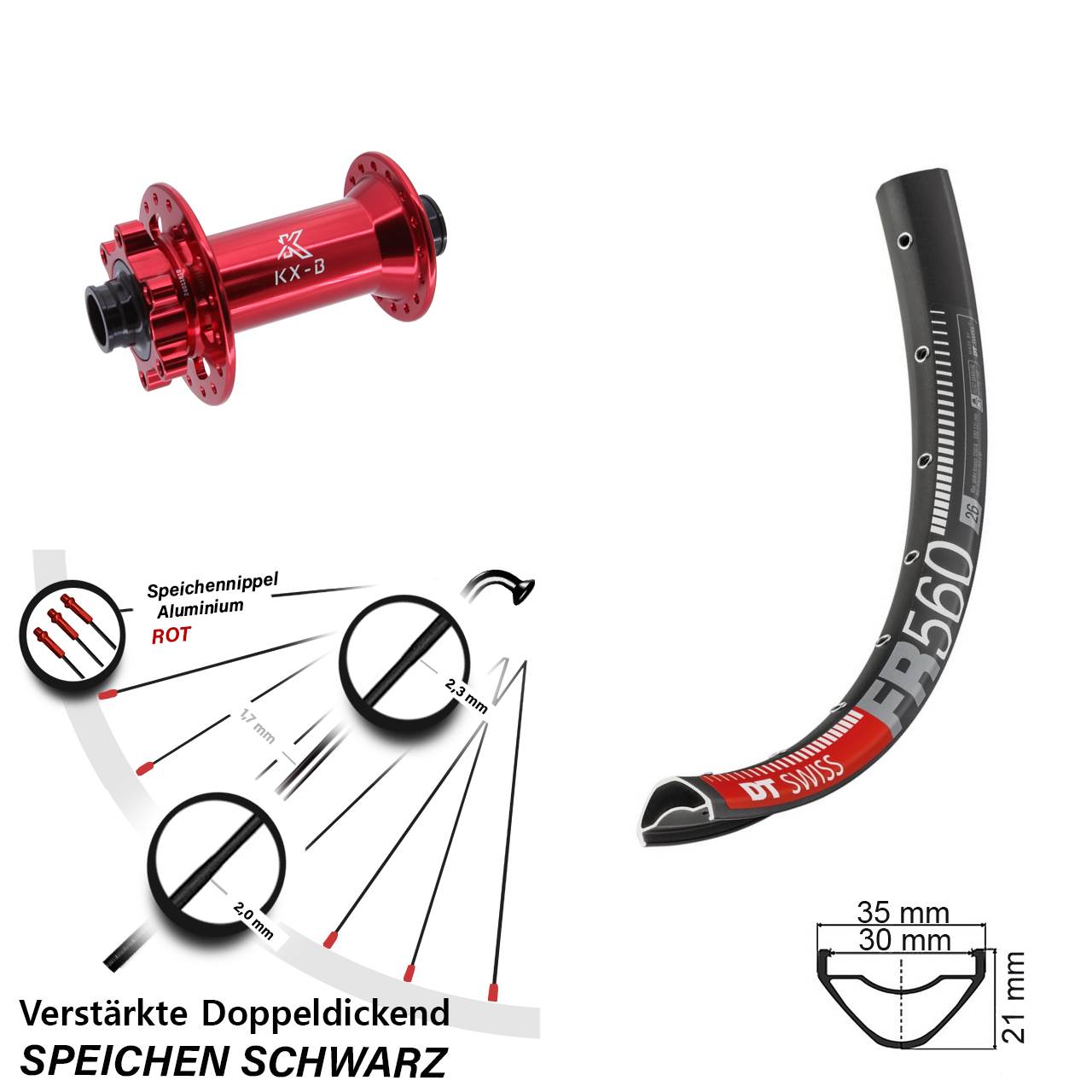 Vorderrad 6-Loch 26 Zoll DT Swiss FR560 KX-B rot 15x110 Boost