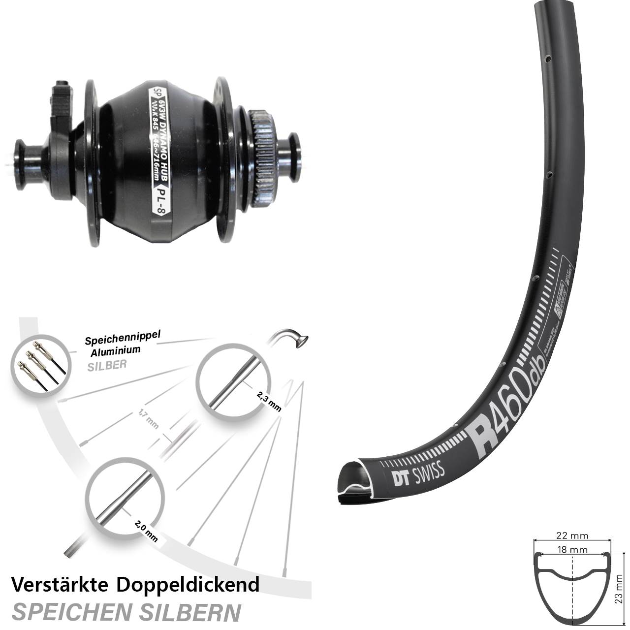 Disc Vorderrad mit Nabendynamo QR 28 Zoll DT Swiss R 460 Shutter Precision PL-8