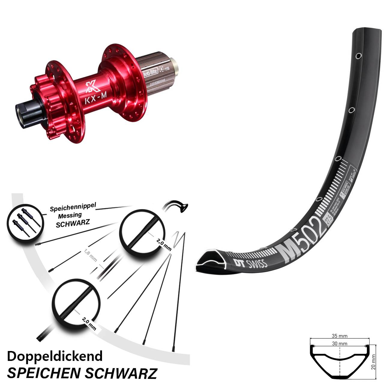DT Swiss M 502 27,5 Zoll Hinterrad KX-M 8-12 fach 12x142