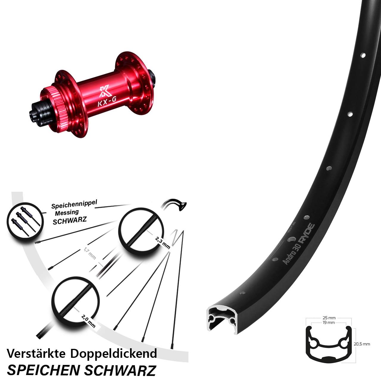 Centerlock Vorderrad 29 Zoll Ryde Andra 30 KX-G rot QR