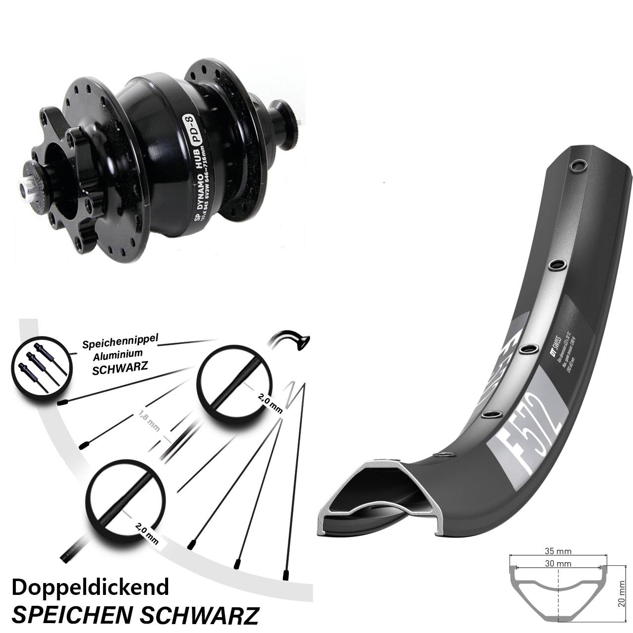 Disc Vorderrad mit Nabendynamo 27,5 Zoll DT Swiss F572 Shutter Precision PD-8 QR