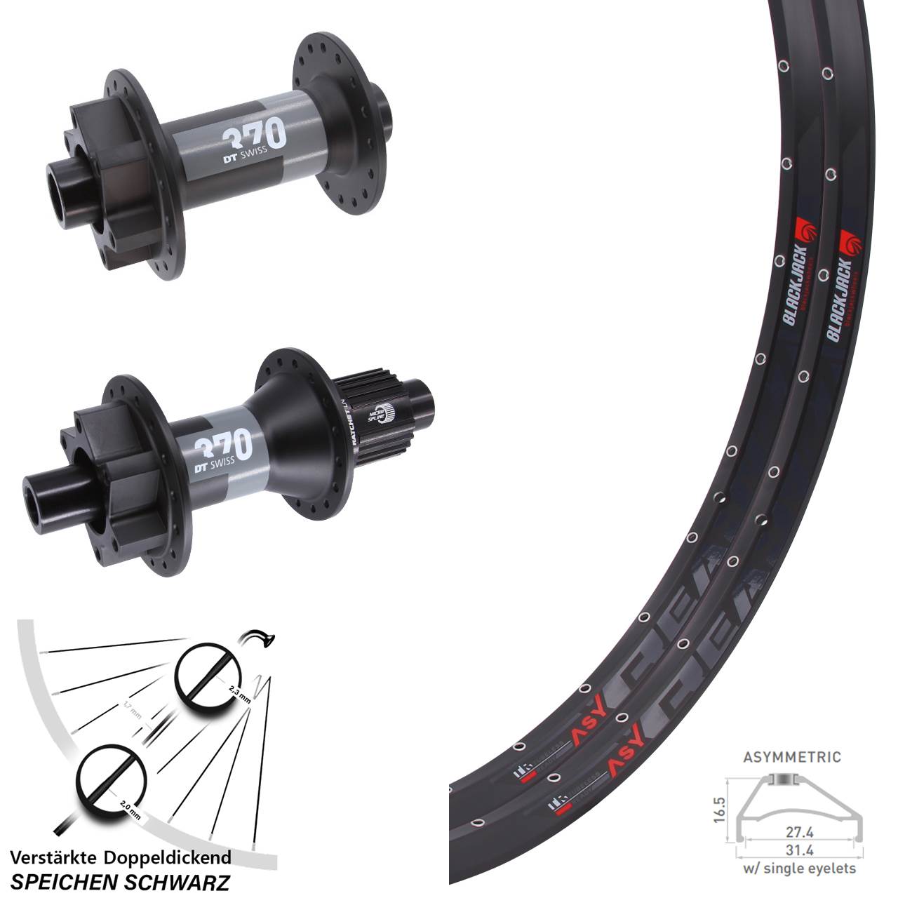 29 Zoll Rodi Ready 27 DT Swiss 370 Disc Laufrad-Satz 15x110 12x148 Micro Spline