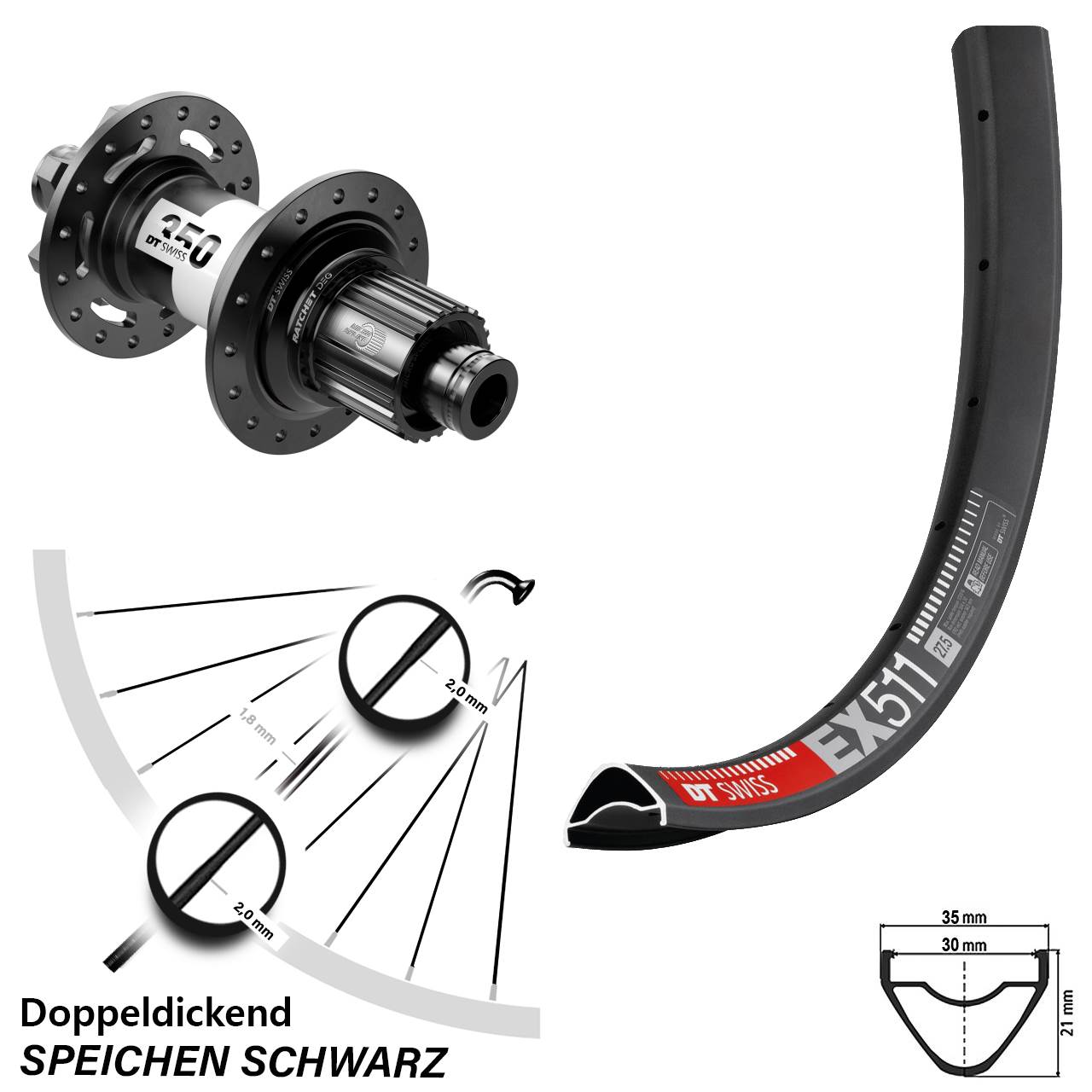 29 Zoll DT Swiss EX511-350 DEG 72 Disc Hinterrad 12x148 Micro Spline