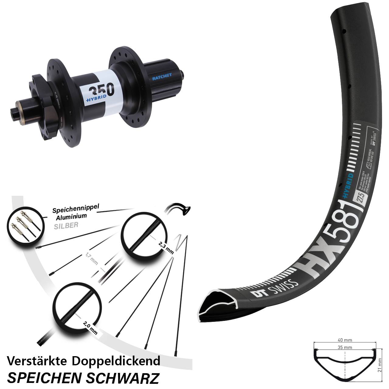 DT Swiss HX 581-350 Hybrid 27,5 Zoll Laufrad QR Boost 8-11 fach HG