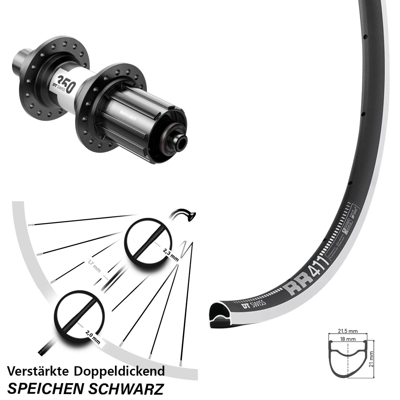 DT Swiss RR411 OS-350 Rennrad 28 Zoll Laufrad hinten 11-12 fach HG
