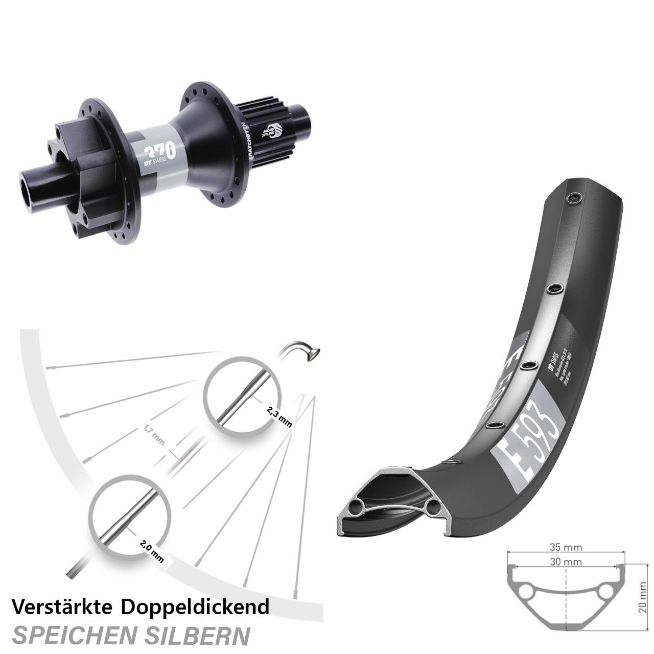 29 Zoll DT Swiss E 593-370 Hinterrad 6-Loch 12x142 Micro Spline