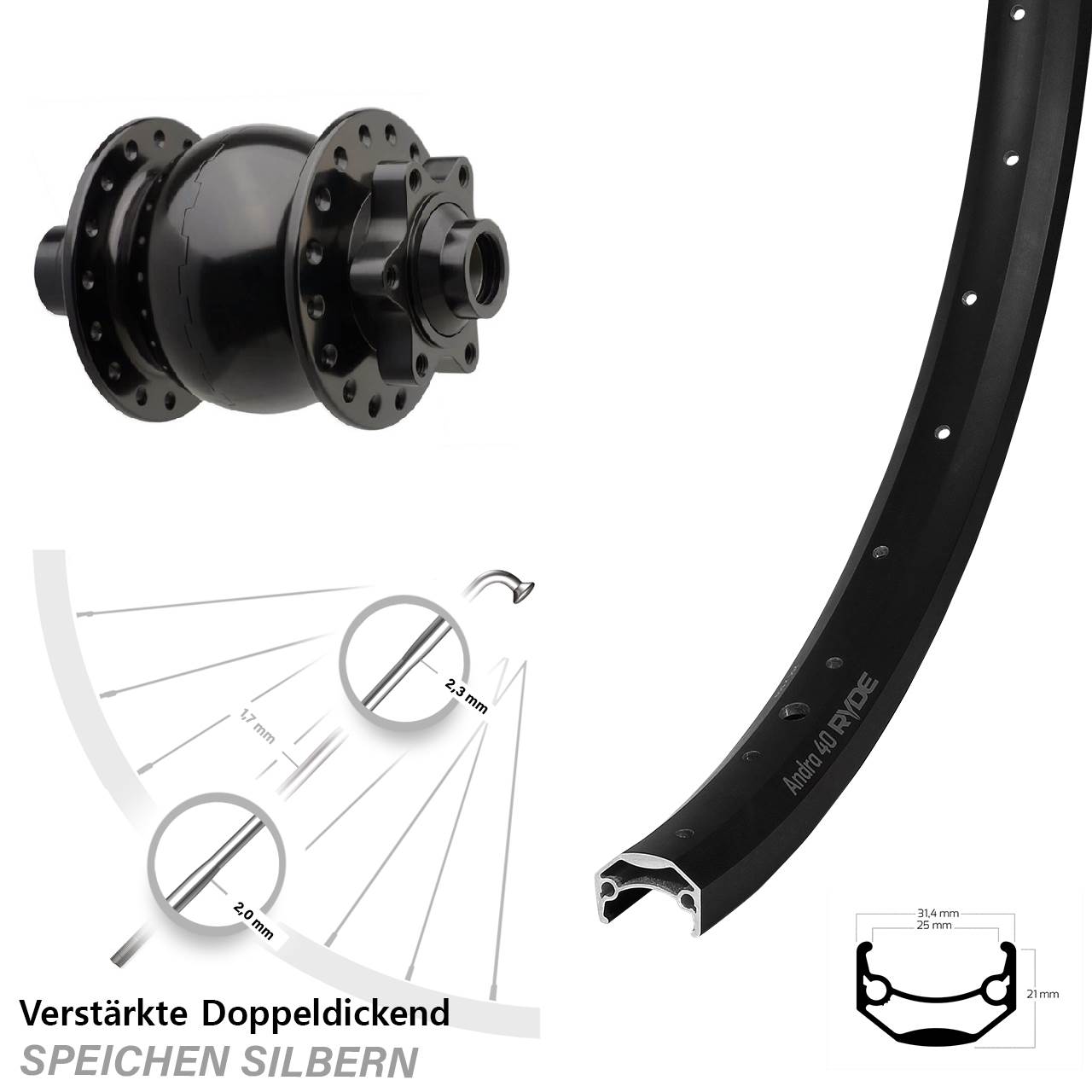 20 Zoll Ryde Andra 40 SON 28 Dynamo-Vorderrad 6-Loch 15x110 Boost