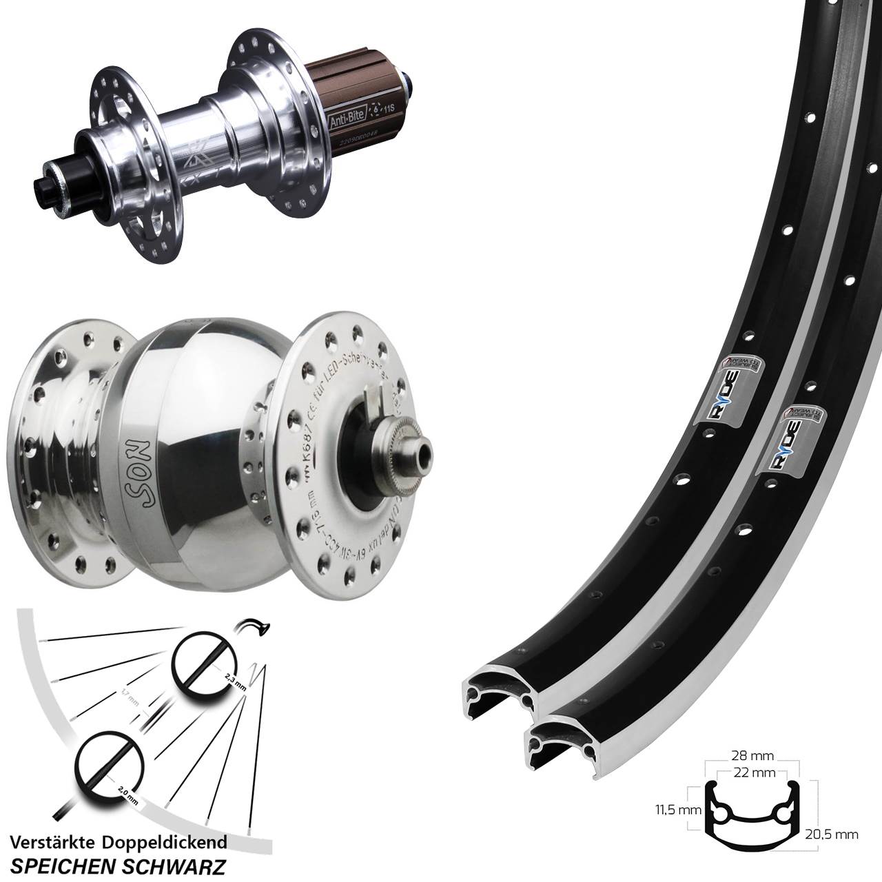 Ryde Andra 35 KX-T SON delux wide body 650B Laufrad-Satz für Schnellspanner 8-12 fach HG