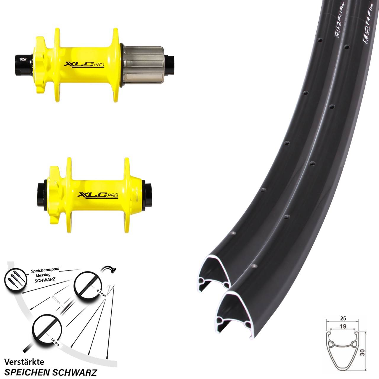 6-Loch Laufradsatz 28 Zoll Gora Plus XLC Pro gelb 8-11 fach HG 15x100 12x142