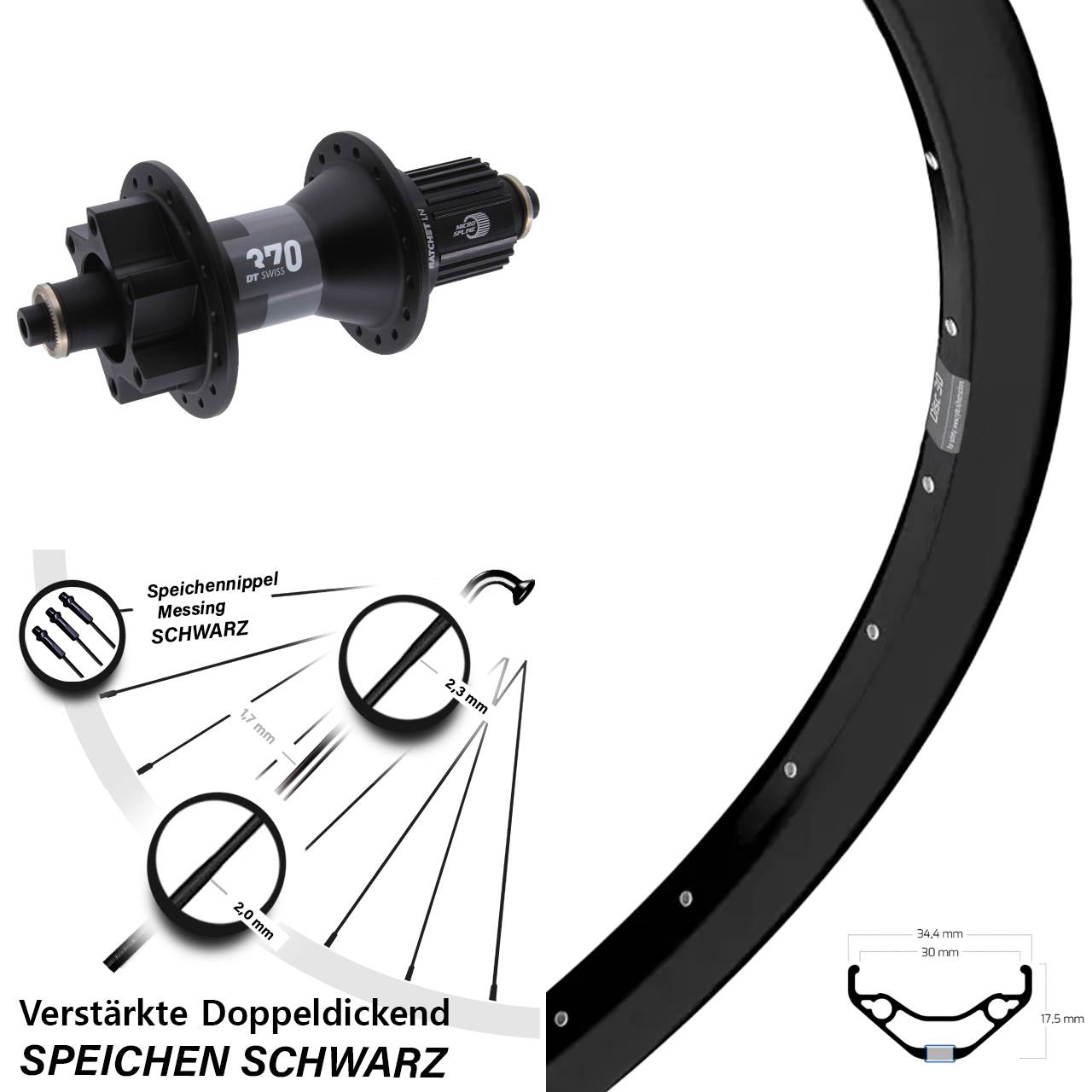 Boost Hinterrad 6-Loch für Schnellspanner 27,5 Zoll Ryde Disc 30 DT Swiss 370 Micro Spline