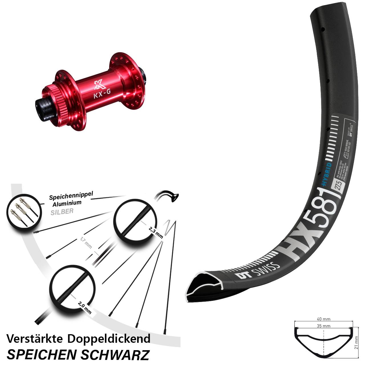 27,5 Zoll DT Swiss HX581 KX-G rot Centerlock Vorderrad 12x100