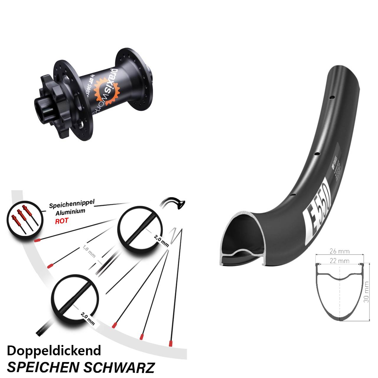 28 Zoll DT Swiss E550 350 6-Loch Vorderrad 12x100