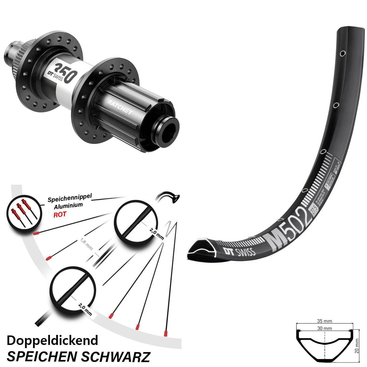 schwarzes 29 Zoll Hinteres Rad M 502 DT Swiss 350 Centerlock Steckachse 12x142 mm 11-fach