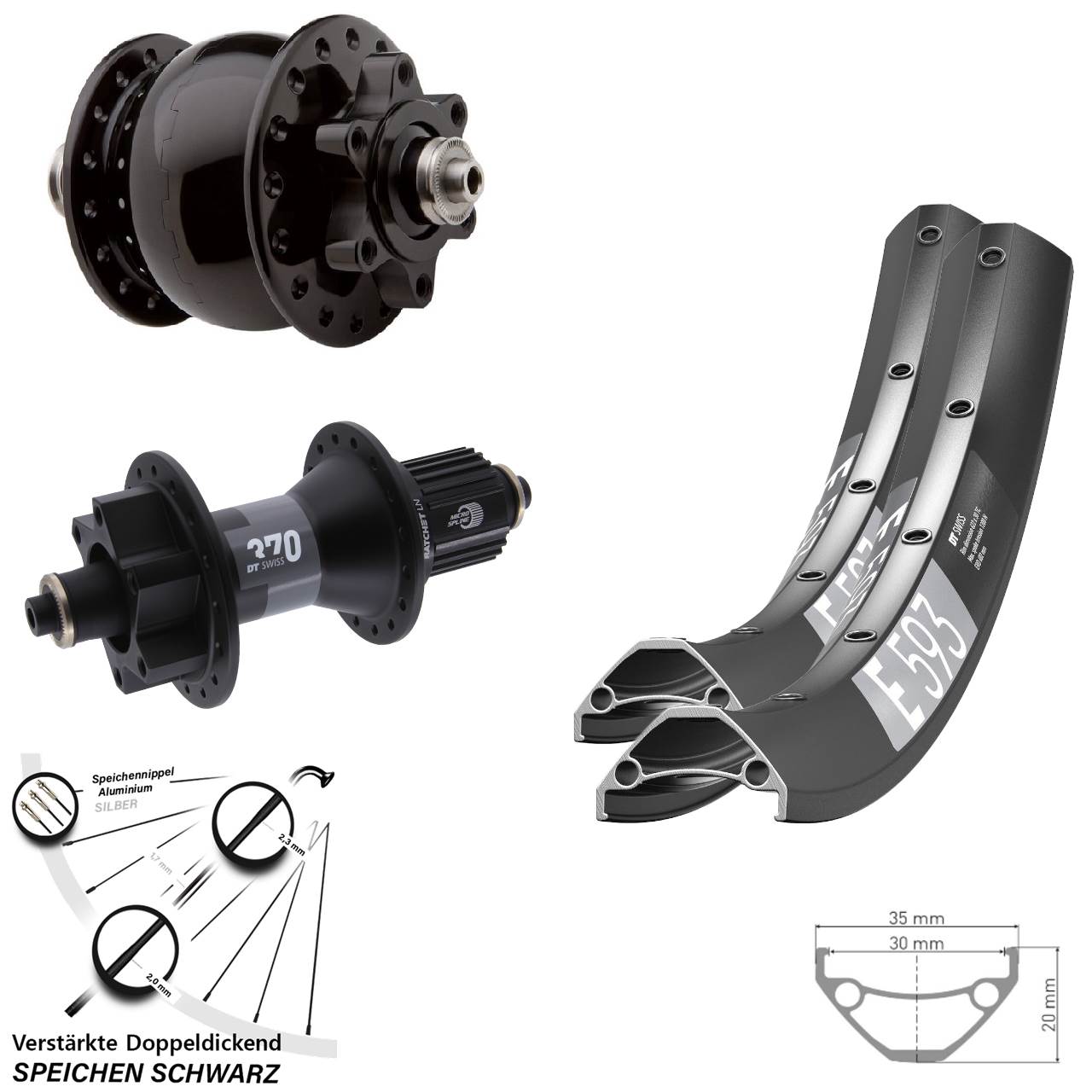 29 Zoll DT Swiss E593 370 SON 28 Disc Laufrad-Satz für Schnellspanner Shimano Micro Spline