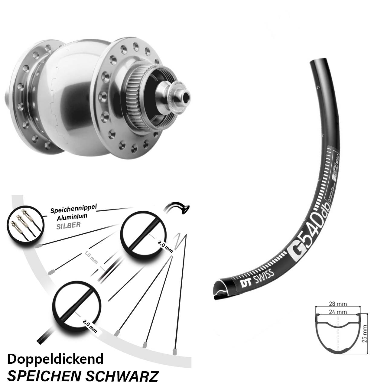 SON 28 silber eloxiert Centerlock schwarz DT Swiss G 540 Fahrrad-Laufrad 28/29 Zoll