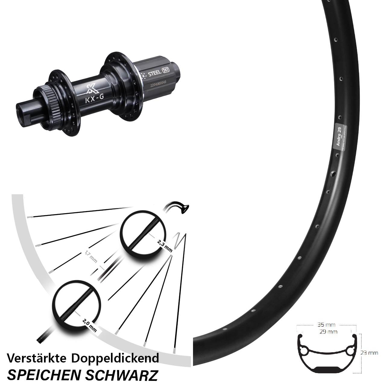 Ryde Andra 29 KX-GS Stahl Freilauf 27,5 Zoll Disc Hinterrad 12x142 8-12 fach