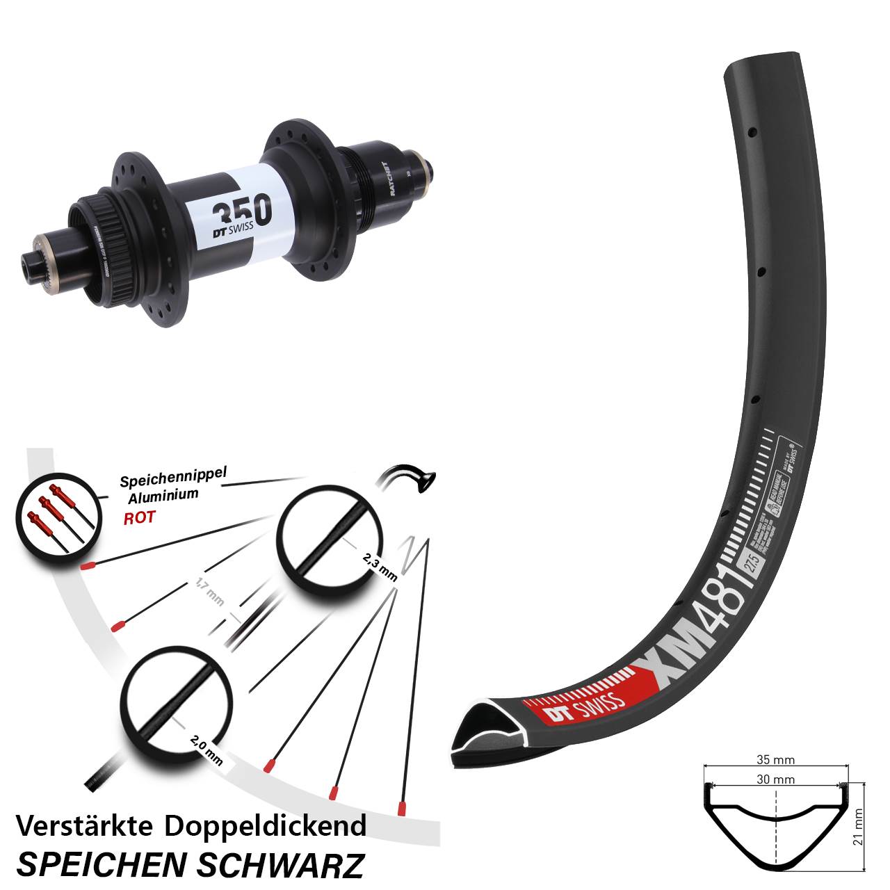 Hinterrad 27,5 Zoll DT Swiss XM481-350 XD für Schnellspanner Boost