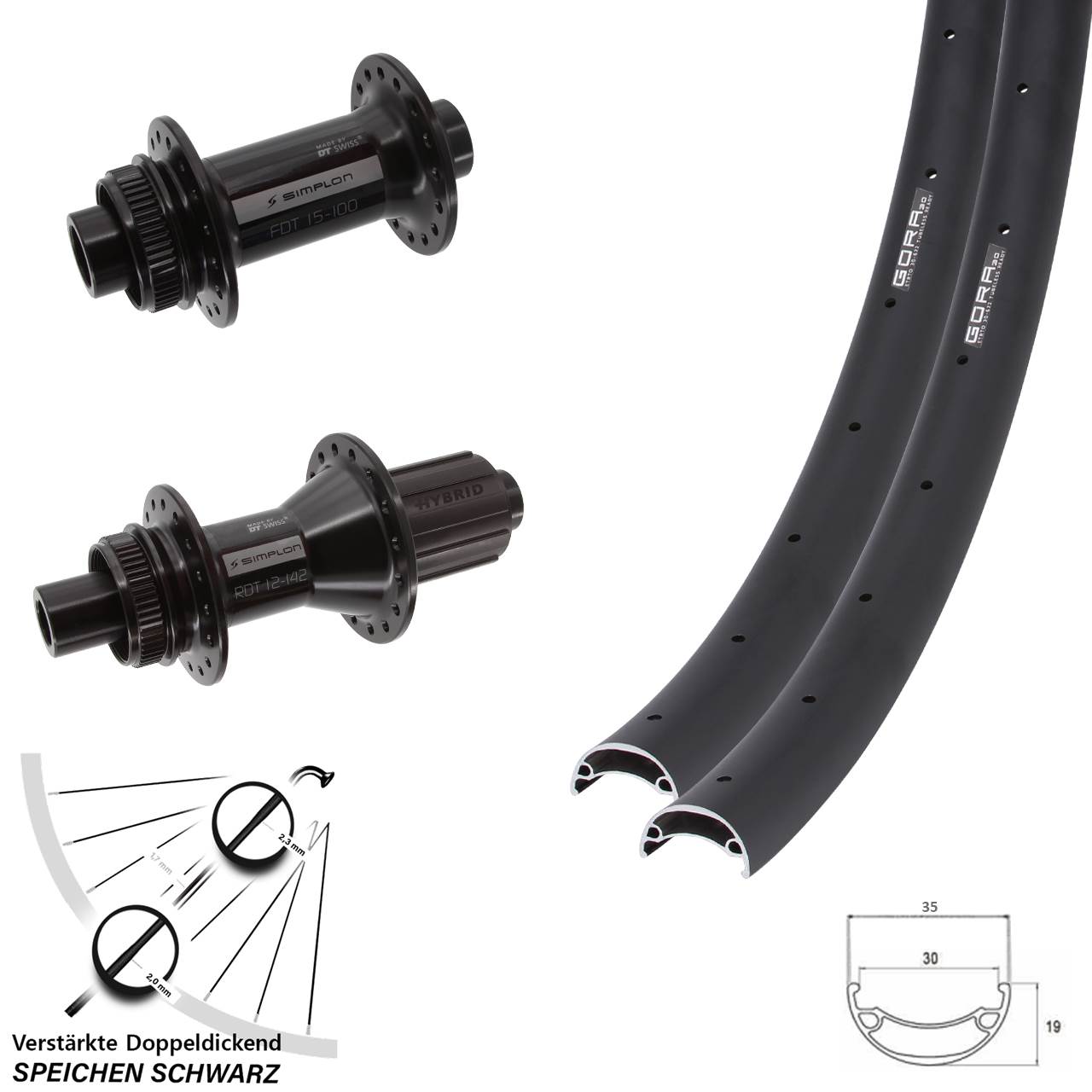 Disc Laufradsatz 27,5 Zoll Gora 30 DT Swiss 370 Hybrid 8-11 fach HG 15x100 12x142