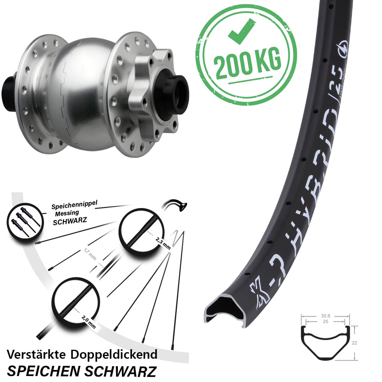 SON 28 KX-R Hybrid 25 27,5 Zoll Vorderrad mit Nabendynamo 6-Loch 15x110 Boost