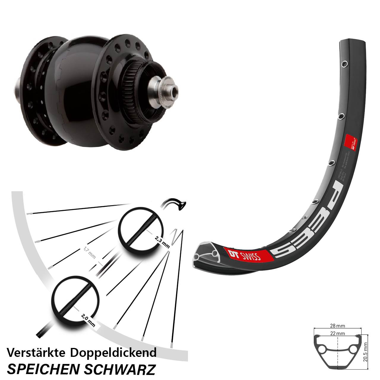 Nabendynamovorderrad Centerlock QR 29 Zoll DT Swiss 533 D SONdelux