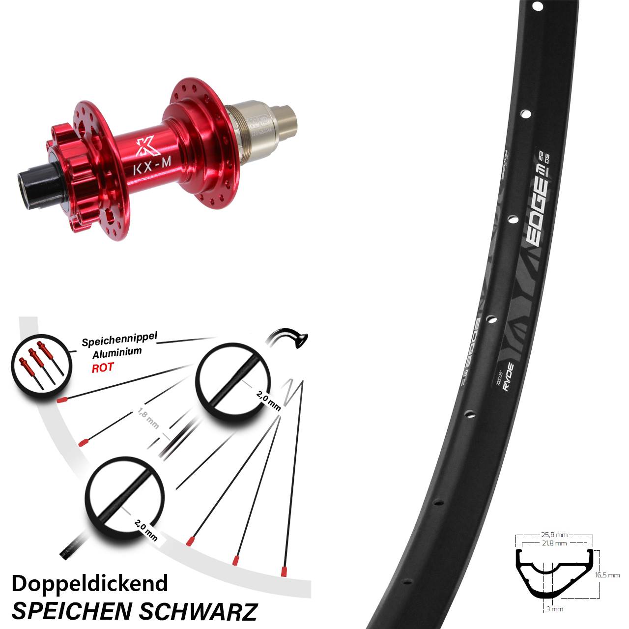 29 Zoll Ryde Edge M22 OS KX-M rot Disc Laufrad 12x142 XD