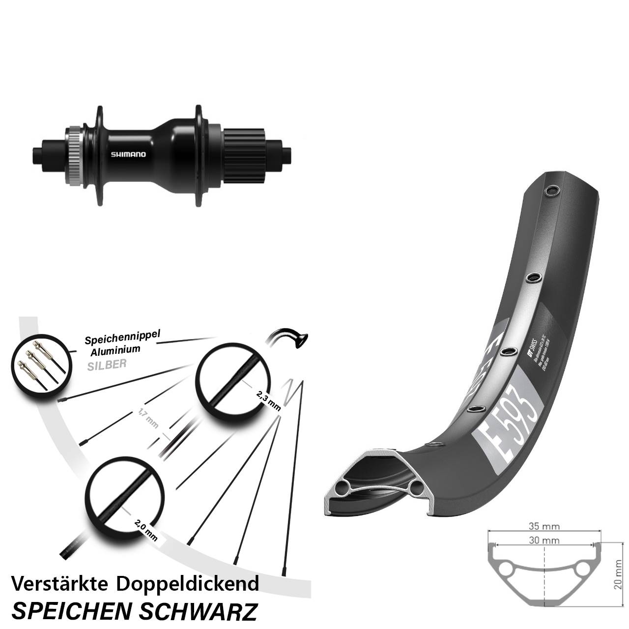 DT Swiss E593 Shimano FH-QC500 29 Zoll Disc Laufrad für Schnellspanner Micro Spline