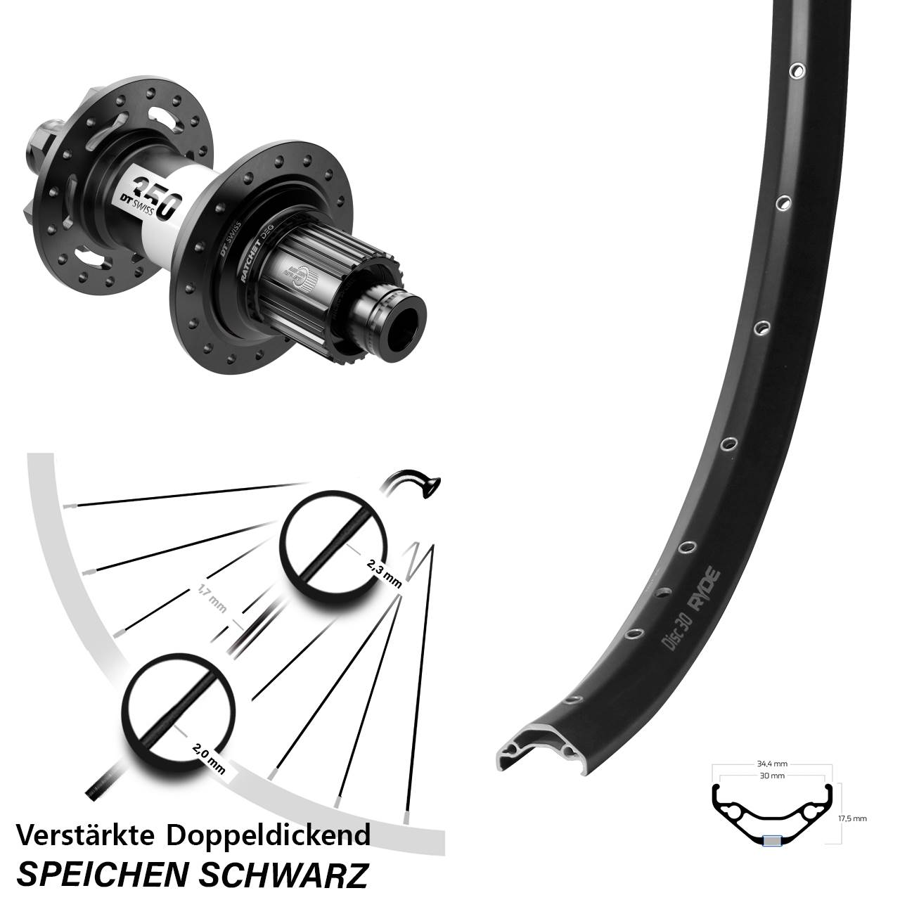 Hinterrad 29 Zoll Ryde Disc 30 DT Swiss 350 DEG72 Shimano Micro Spline 12x148