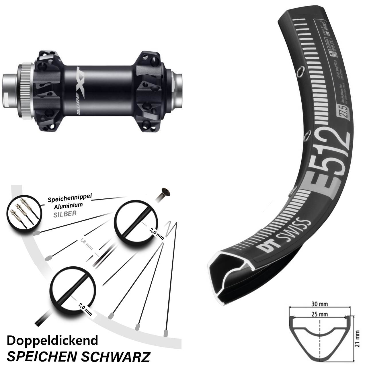 DT Swiss E 512 Vorderrad 27,5 Zoll Shimano Deore XT HB-M8110 Boost Straightpull