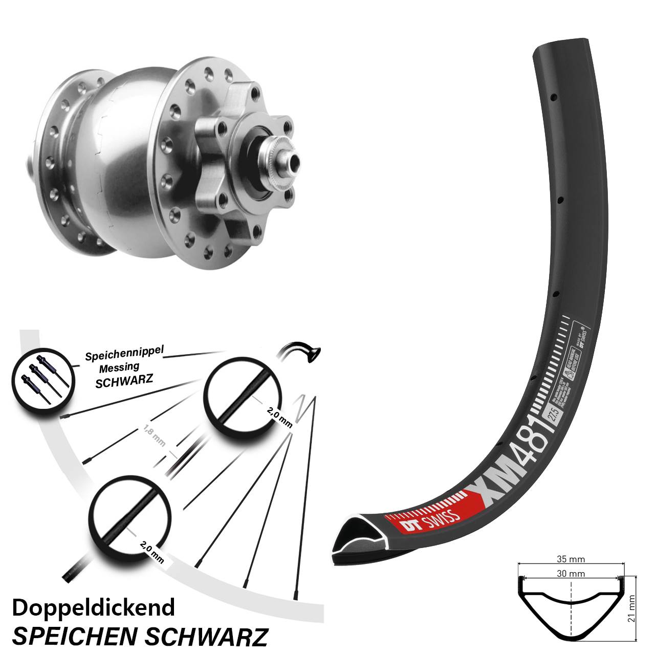 6-Loch Vorderrad mit Nabendynamo QR 27,5 Zoll DT Swiss XM481 SON 28 silbern