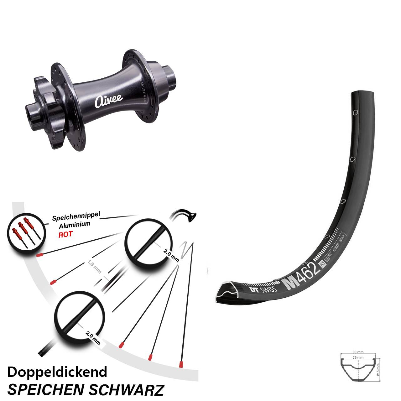 27,5 Zoll Vorderrad DT Swiss M 462 mit Aivee Classic 6-Loch Boost Nabe