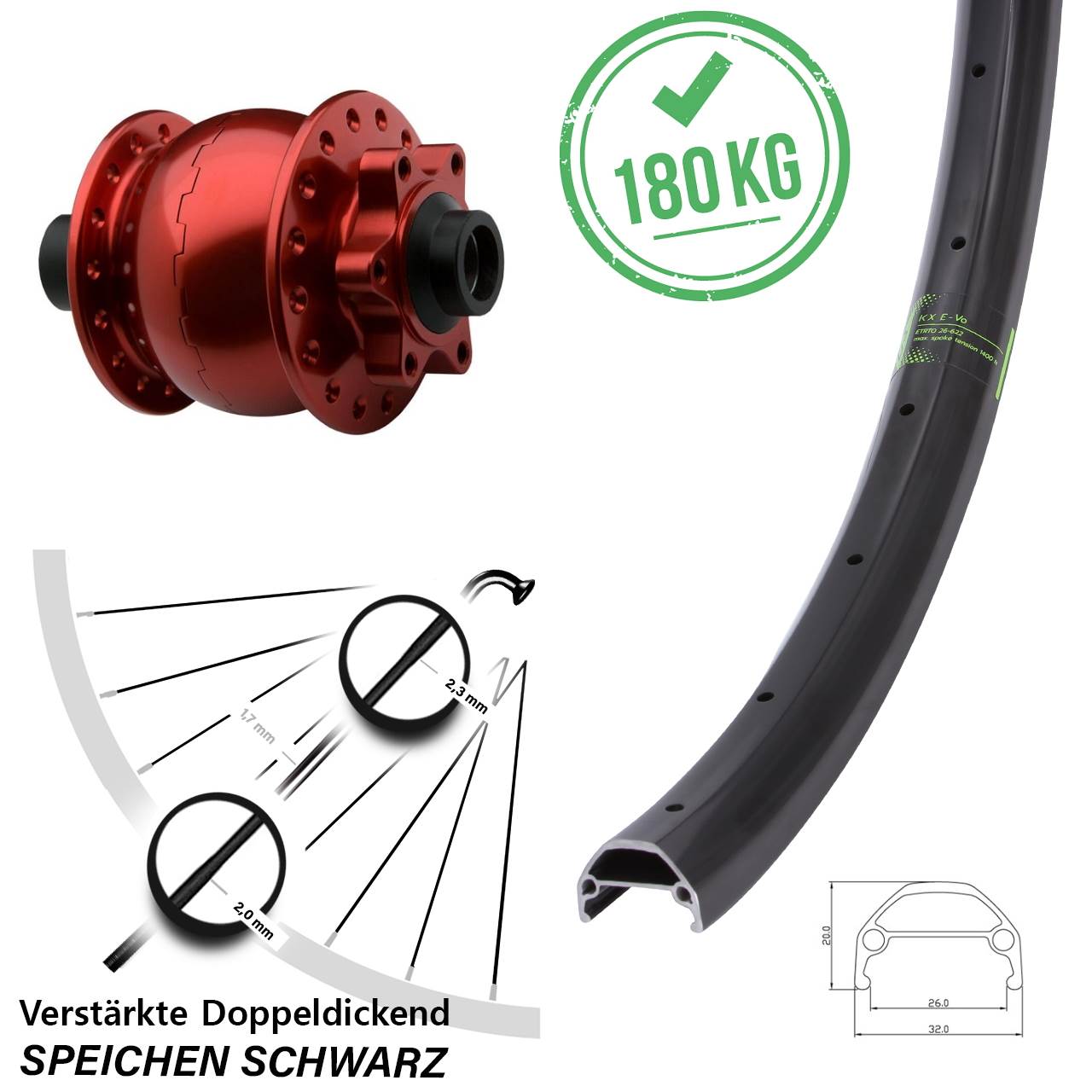 Vorderrad KX Evo 27,5 Zoll SON 28 15x100 6-Loch rot eloxiert