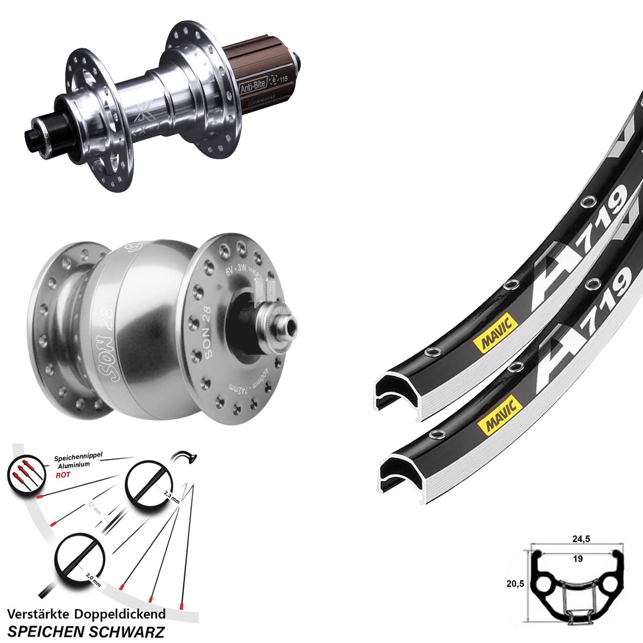 SON 28 Zoll Mavic A 719 KX-T Laufradsatz für Schnellspanner 8-12 fach