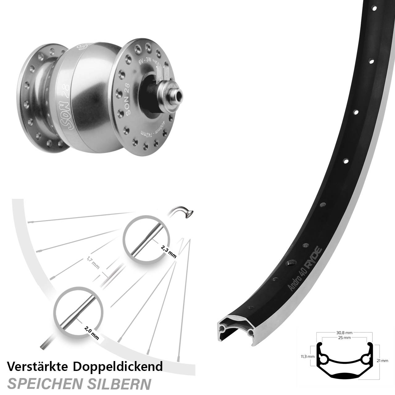 Vorderrad mit Nabendynamo 20 Zoll Ryde Andra 40 SON 28 silbern QR