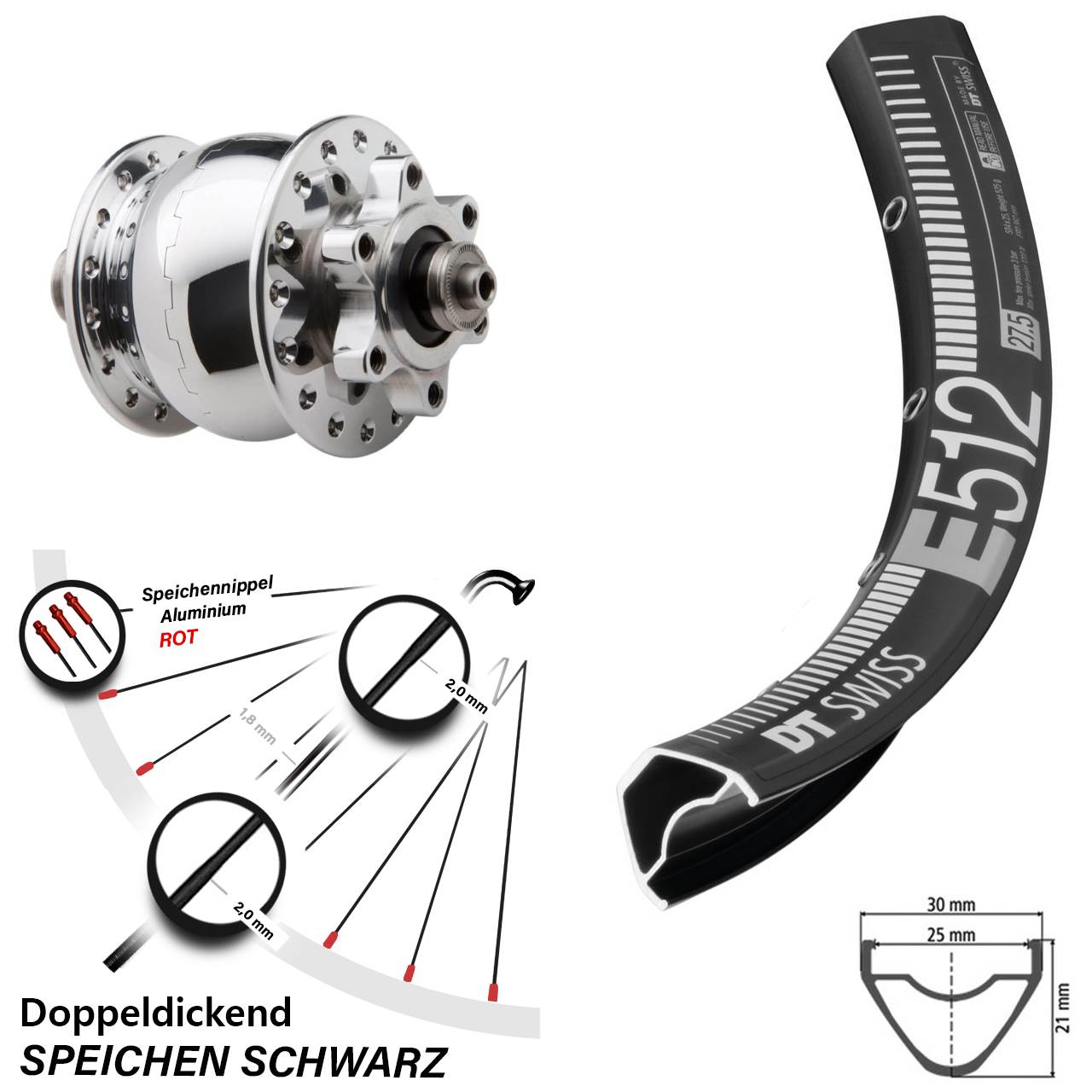 SON 28 poliert DT Swiss E512 27,5 Zoll Vorderrad mit Nabendynamo 6-Loch QR