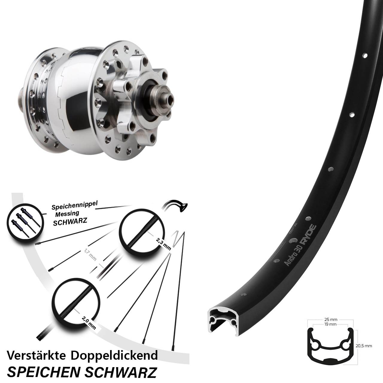 28-29 Zoll Ryde Andra 30 Disc SON 28 poliert 6-Loch Nabendynamovorderrad QR