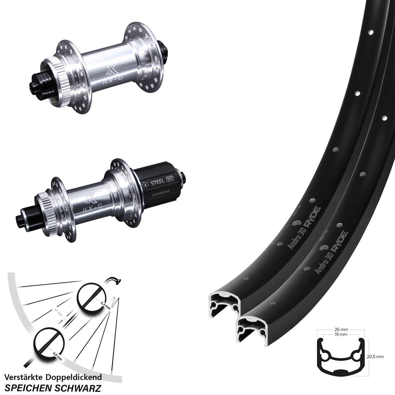 Ryde Andra 30 Disc KX-GS verstärkt 28 Zoll Laufradsatz für Schnellspanner 8-12 fach HG