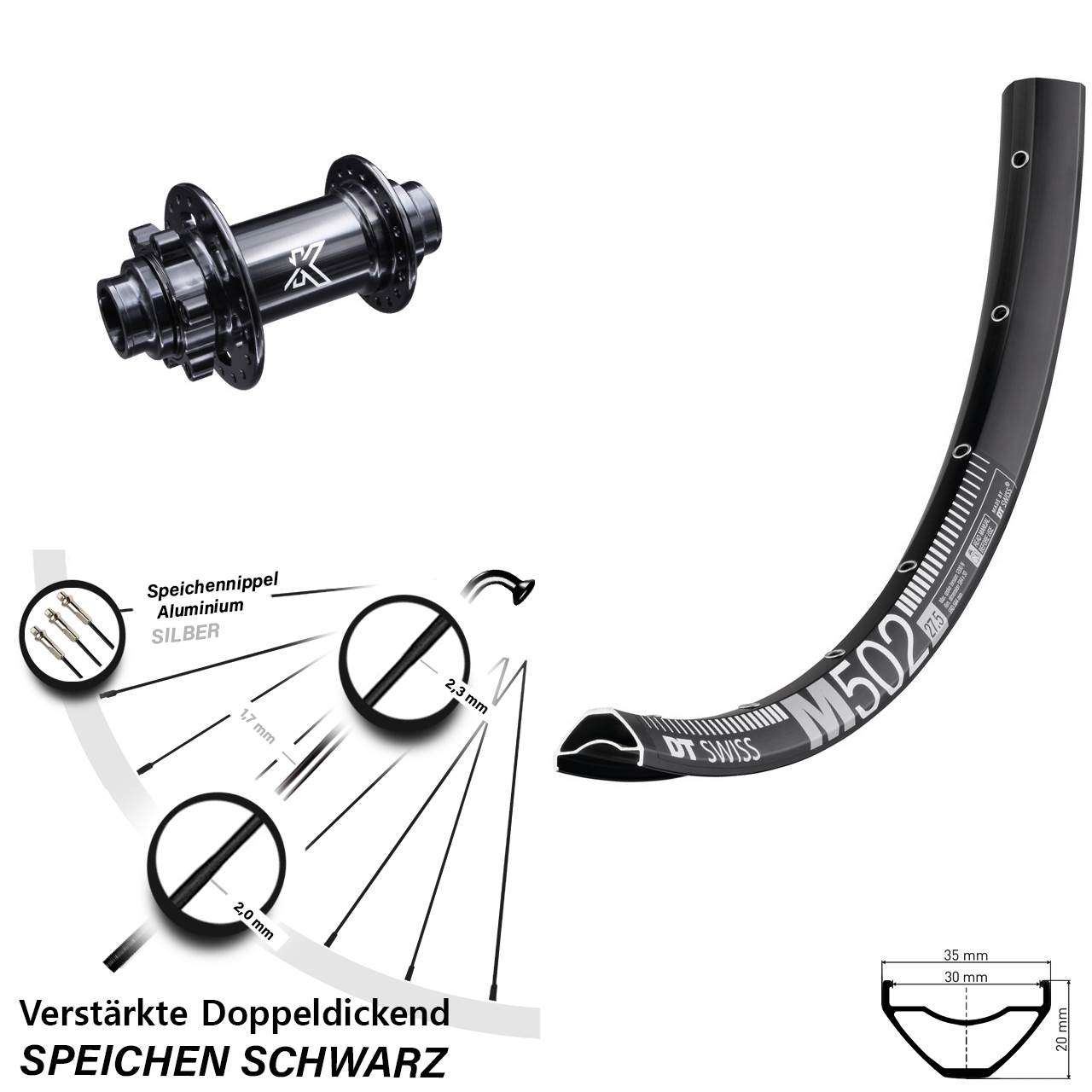 Vorderrad 6-Loch 29 Zoll DT Swiss M502 KX-M Steckachse 20x110 (DH alt)