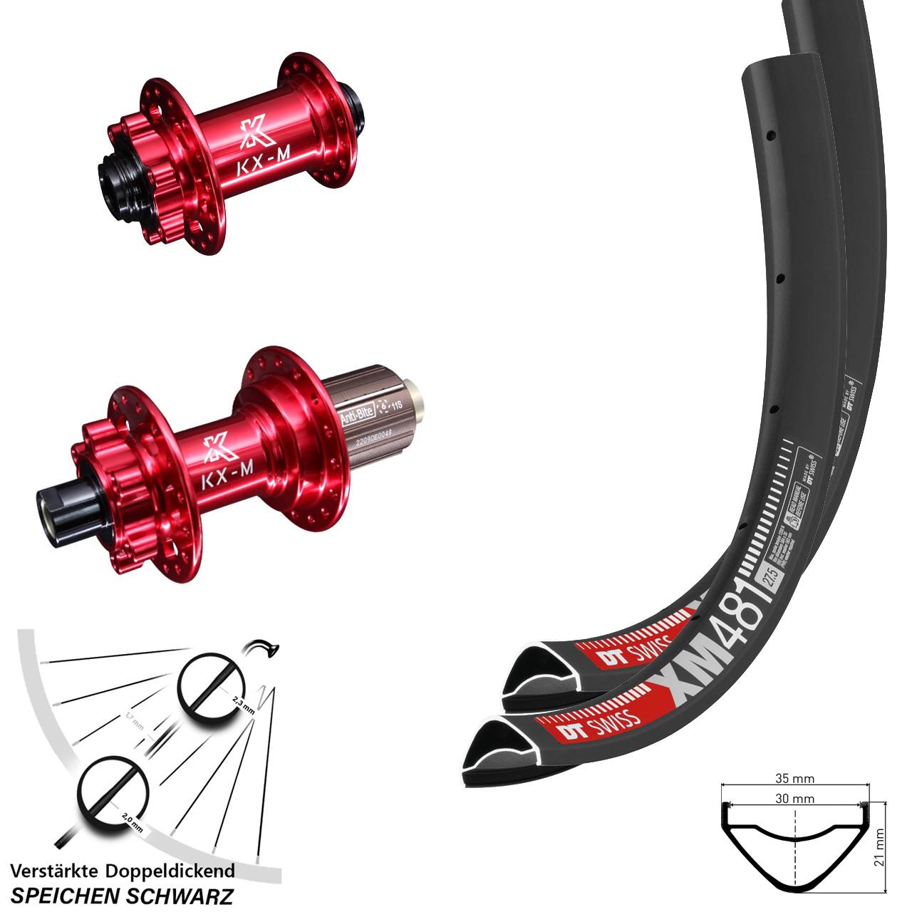 Laufradsatz 6-Loch 27,5 Zoll DT Swiss XM 481 KX-M rot 8-12 fach 15x100 12x142